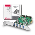 Obrzok produktu AXAGON PCEU-43V,  PCIe adapter 4x USB3.0,  UASP,  nabjen 3A,  VIA + LP
